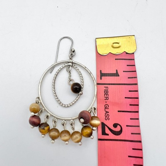 Vintage Earrings Pierced Women's 2 in Drop Silver Tigers Eye Beads - Picture 3 of 3